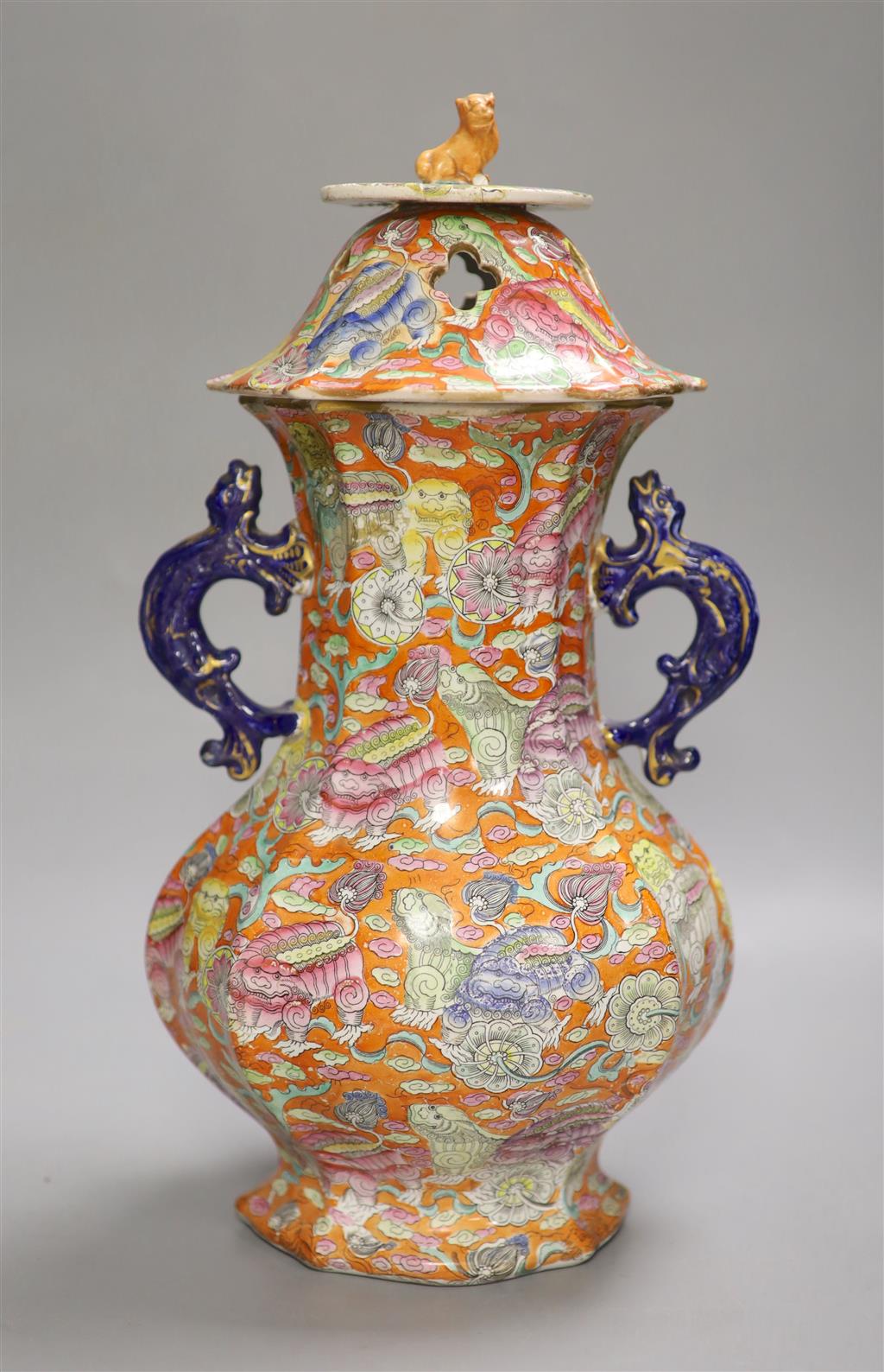 A 19th century chinoiserie ironstone vase and cover, height 41cm (a.f.)